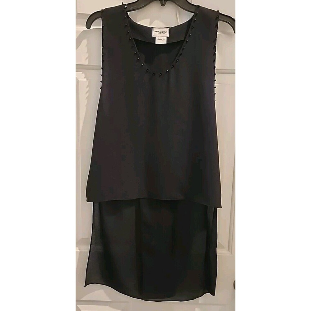 American Retro Black Womens Top Beaded Sheer Tails Sleeveless Sz 8 Medium Or 38